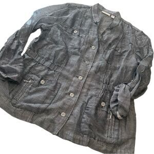 Chico's Black and Silver Linen Tab Sleeves Striped Utility Jacket Size Large